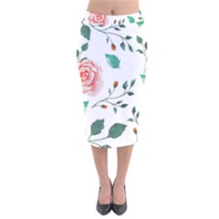 Watercolor Roses  Velvet Midi Pencil Skirt