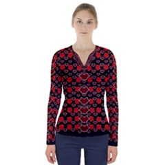 Red Lips And Roses Just For Love V-neck Long Sleeve Top by pepitasart