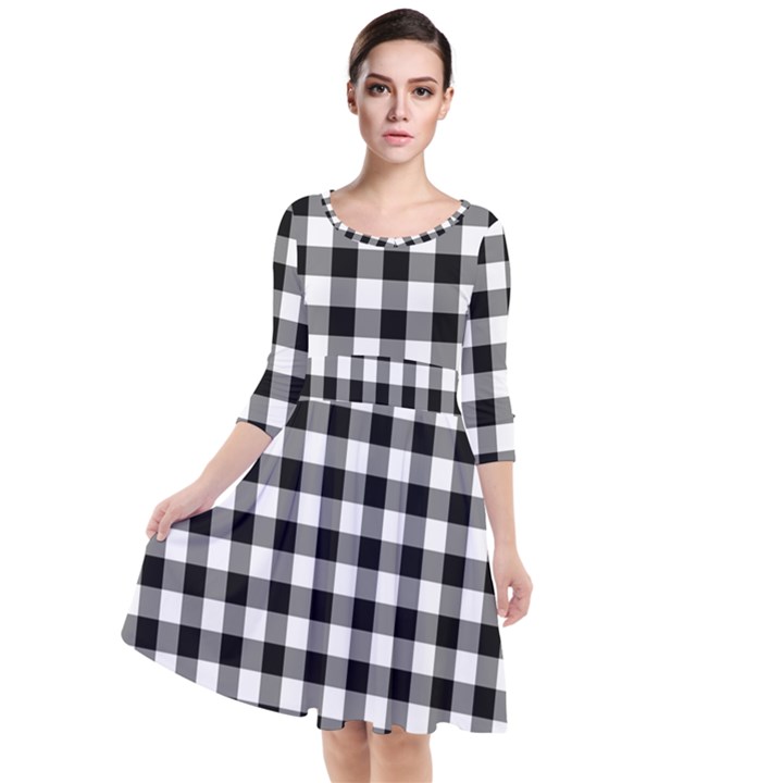 Check Pattern Black, White, Gray Quarter Sleeve Waist Band Dress