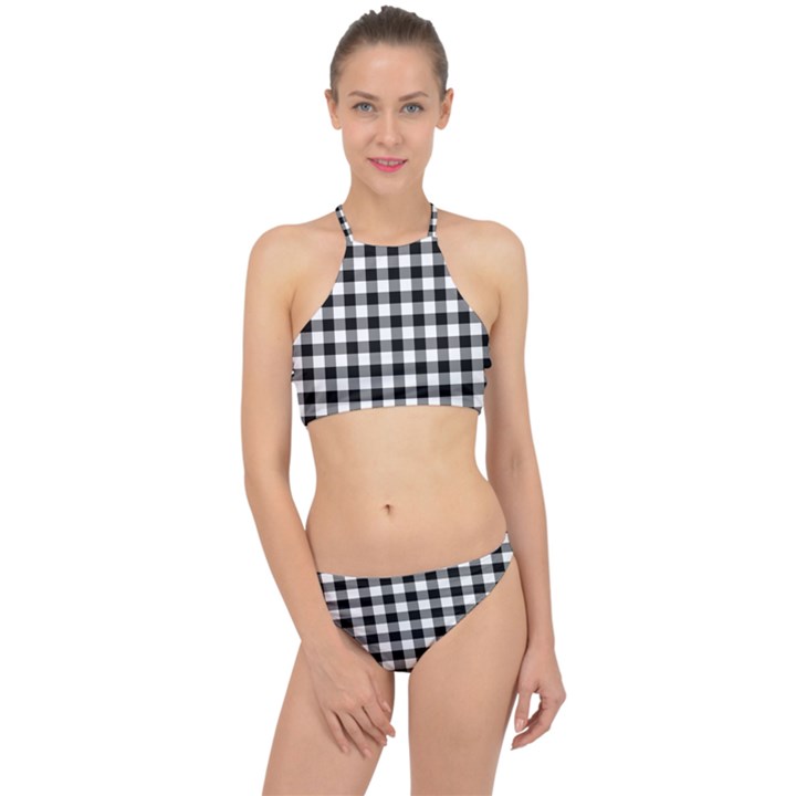 Check Pattern Black, White, Gray Racer Front Bikini Set