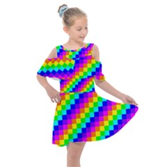 7 Color Square Grid Kids  Shoulder Cutout Chiffon Dress by ChastityWhiteRose