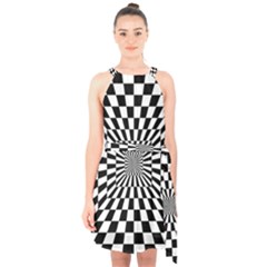 2 Color Checkered Square Tunnel Halter Collar Waist Tie Chiffon Dress