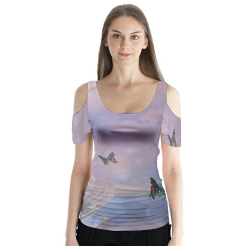 The Wonderful Moon With Butterflies Butterfly Sleeve Cutout Tee  by FantasyWorld7