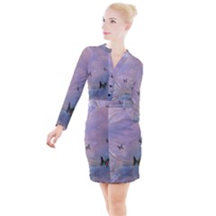 The Wonderful Moon With Butterflies Button Long Sleeve Dress by FantasyWorld7