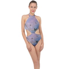 The Wonderful Moon With Butterflies Halter Side Cut Swimsuit by FantasyWorld7