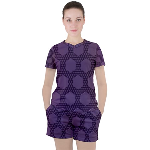 Hexagon Grid Geometric Hexagonal Women s Tee And Shorts Set by Celenk