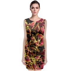 Plant Leaves Foliage Pattern Sleeveless Velvet Midi Dress