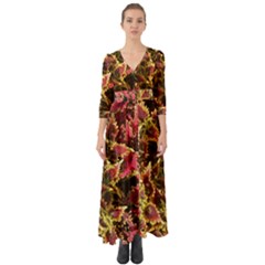 Plant Leaves Foliage Pattern Button Up Boho Maxi Dress by Celenk