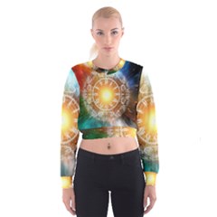 Universe Galaxy Sun Clock Time Cropped Sweatshirt by Celenk