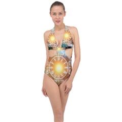 Universe Galaxy Sun Clock Time Halter Front Plunge Swimsuit by Celenk