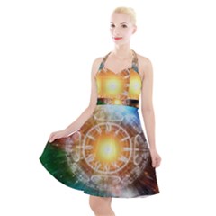 Universe Galaxy Sun Clock Time Halter Party Swing Dress 