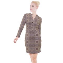 Abstract Wood Design Floor Texture Button Long Sleeve Dress by Celenk