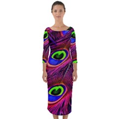 Peacock Feathers Color Plumage Quarter Sleeve Midi Bodycon Dress