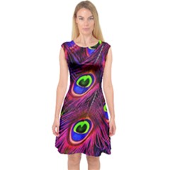 Peacock Feathers Color Plumage Capsleeve Midi Dress by Celenk