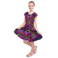 Peacock Feathers Color Plumage Kids  Short Sleeve Dress by Celenk