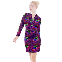 Peacock Feathers Color Plumage Button Long Sleeve Dress by Celenk