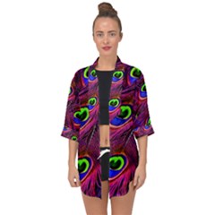 Peacock Feathers Color Plumage Open Front Chiffon Kimono by Celenk