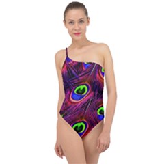 Peacock Feathers Color Plumage Classic One Shoulder Swimsuit by Celenk