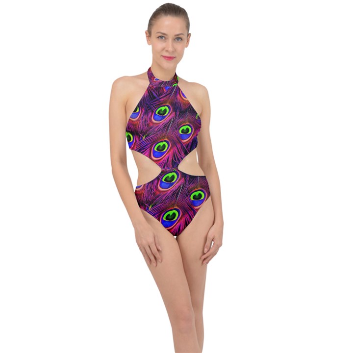 Peacock Feathers Color Plumage Halter Side Cut Swimsuit