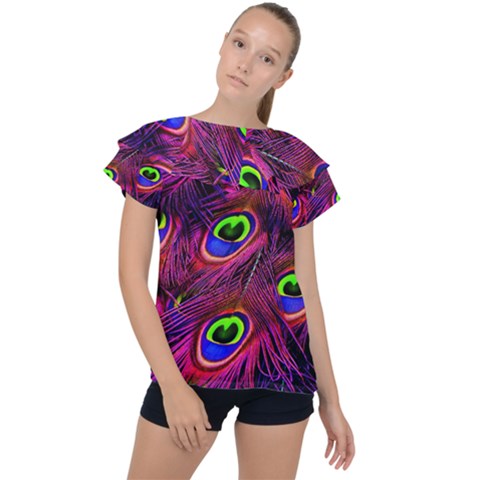 Peacock Feathers Color Plumage Ruffle Collar Chiffon Blouse by Celenk