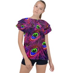 Peacock Feathers Color Plumage Ruffle Collar Chiffon Blouse