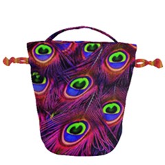 Peacock Feathers Color Plumage Drawstring Bucket Bag by Celenk