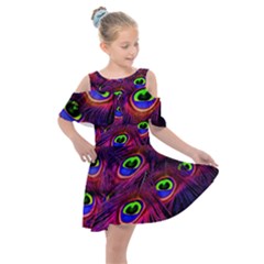 Peacock Feathers Color Plumage Kids  Shoulder Cutout Chiffon Dress