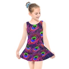 Peacock Feathers Color Plumage Kids  Skater Dress Swimsuit