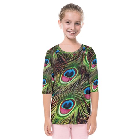 Peacock Feathers Color Plumage Kids  Quarter Sleeve Raglan Tee by Celenk