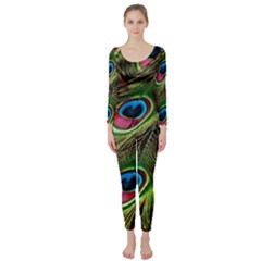 Peacock Feathers Color Plumage Long Sleeve Catsuit by Celenk