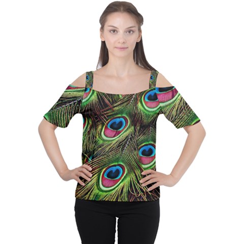 Peacock Feathers Color Plumage Cutout Shoulder Tee by Celenk