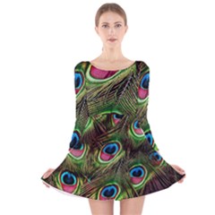 Peacock Feathers Color Plumage Long Sleeve Velvet Skater Dress