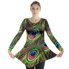 Peacock Feathers Color Plumage Long Sleeve Tunic  by Celenk