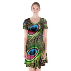 Peacock Feathers Color Plumage Short Sleeve V-neck Flare Dress by Celenk