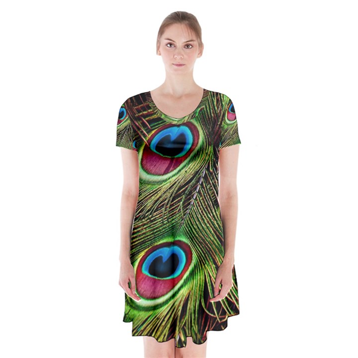 Peacock Feathers Color Plumage Short Sleeve V-neck Flare Dress