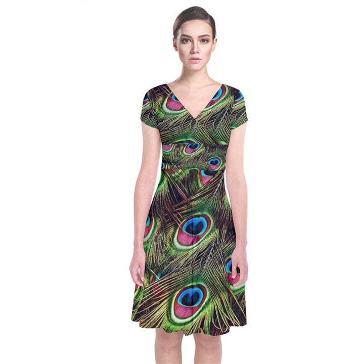 Peacock Feathers Color Plumage Short Sleeve Front Wrap Dress