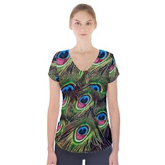 Peacock Feathers Color Plumage Short Sleeve Front Detail Top by Celenk