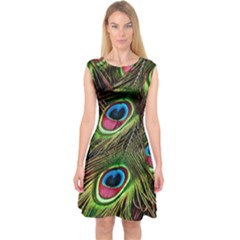 Peacock Feathers Color Plumage Capsleeve Midi Dress by Celenk