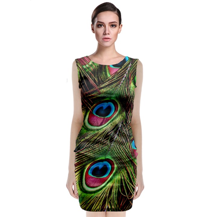 Peacock Feathers Color Plumage Sleeveless Velvet Midi Dress