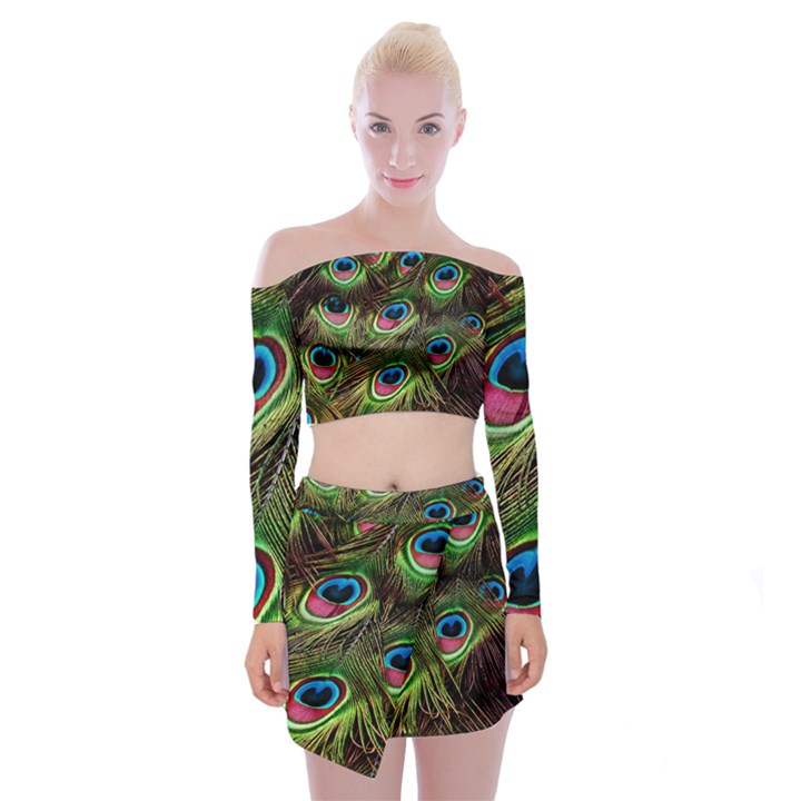 Peacock Feathers Color Plumage Off Shoulder Top with Mini Skirt Set