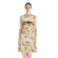 Background Pattern Flower Spring Sleeveless Waist Tie Chiffon Dress by Celenk