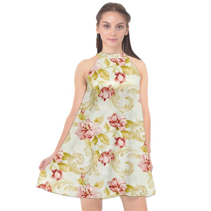 Background Pattern Flower Spring Halter Neckline Chiffon Dress 