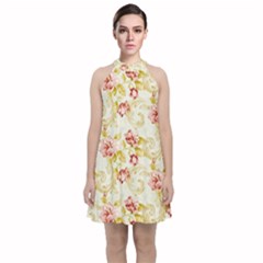 Background Pattern Flower Spring Velvet Halter Neckline Dress 