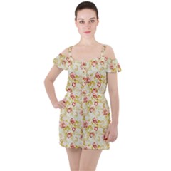 Background Pattern Flower Spring Ruffle Cut Out Chiffon Playsuit by Celenk