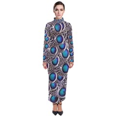 Peacock Pattern Close Up Plumage Turtleneck Maxi Dress