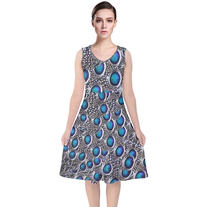 Peacock Pattern Close Up Plumage V-Neck Midi Sleeveless Dress 