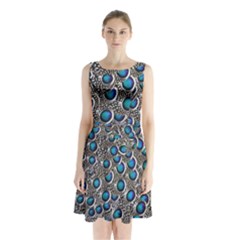 Peacock Pattern Close Up Plumage Sleeveless Waist Tie Chiffon Dress