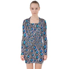 Peacock Pattern Close Up Plumage V-neck Bodycon Long Sleeve Dress