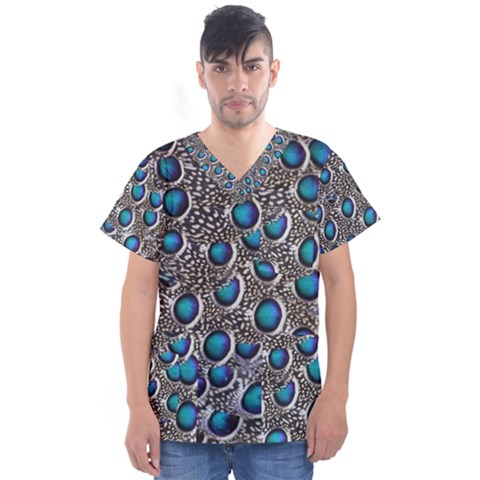 Peacock Pattern Close Up Plumage Men s V-neck Scrub Top by Celenk