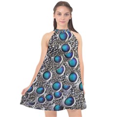 Peacock Pattern Close Up Plumage Halter Neckline Chiffon Dress 